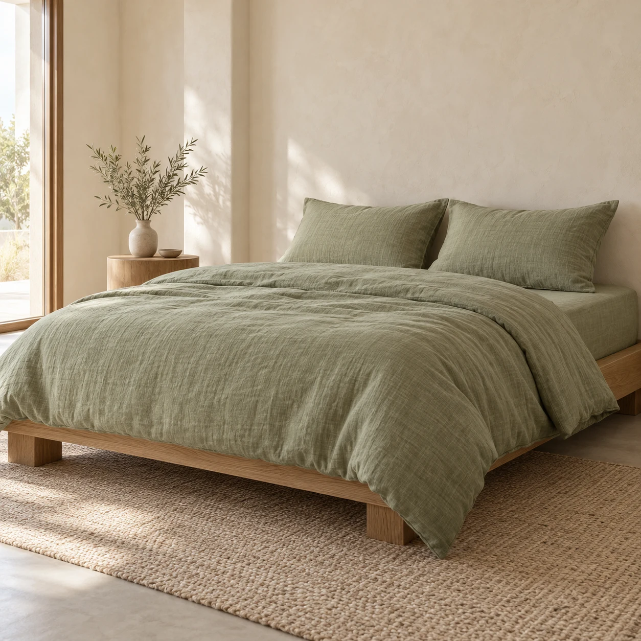 pale olive Olive Linen Blend four-piece bedding set